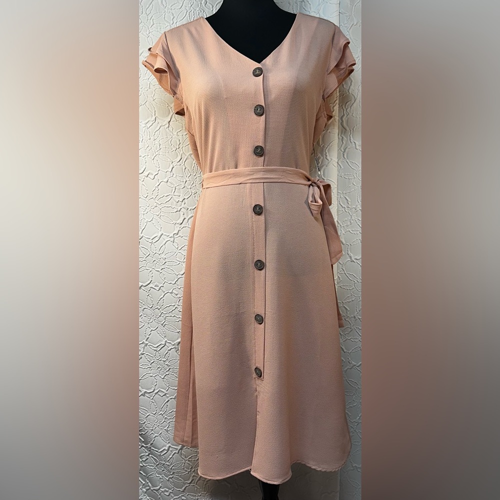 Monteau- Women’s Blush Short Sleeve Button-Front Midi Dress (L) ‼️NWT‼️